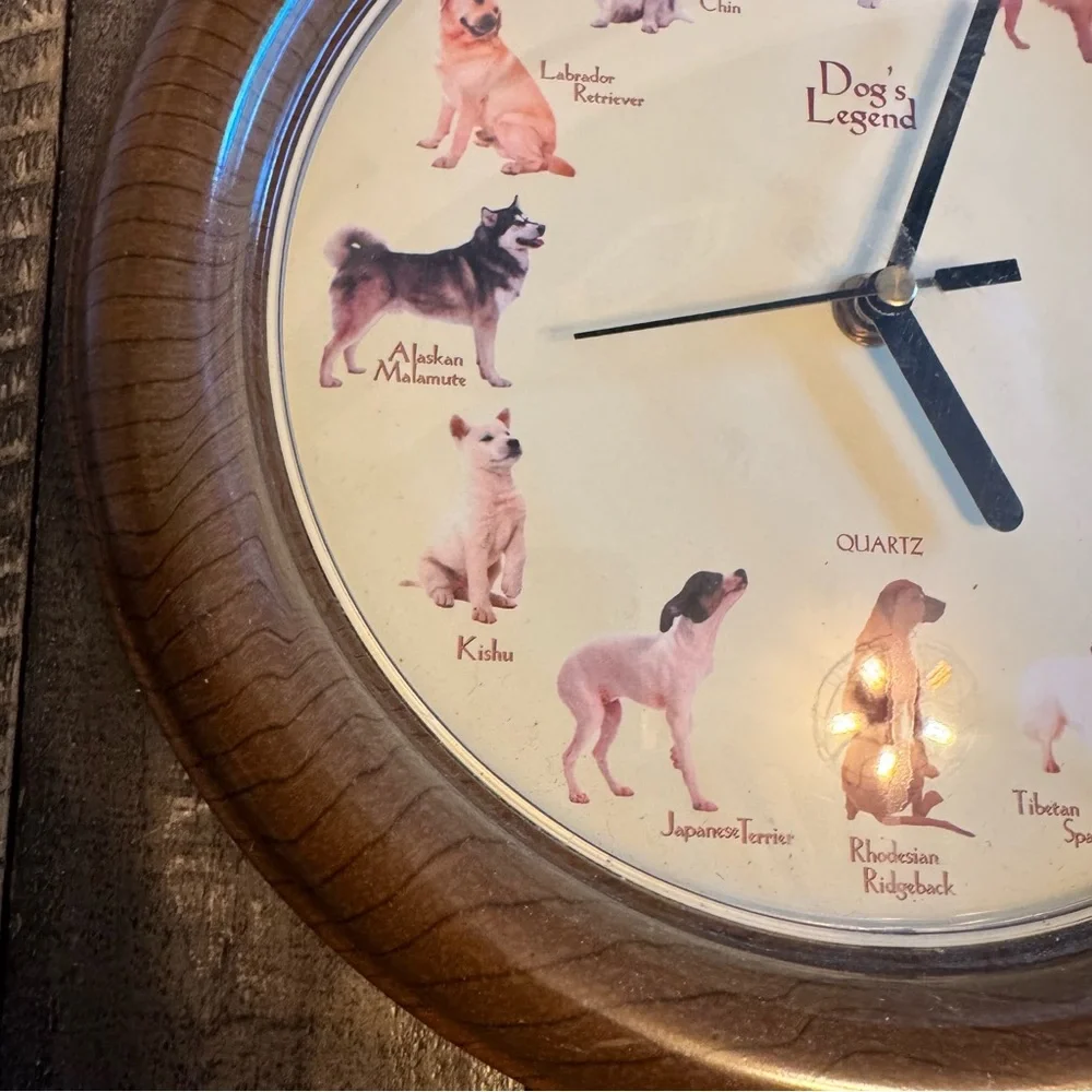 Vintage‎ Quartz Dog's Legend Barking Dog Faux Wood Wall Clock Sound Puppies